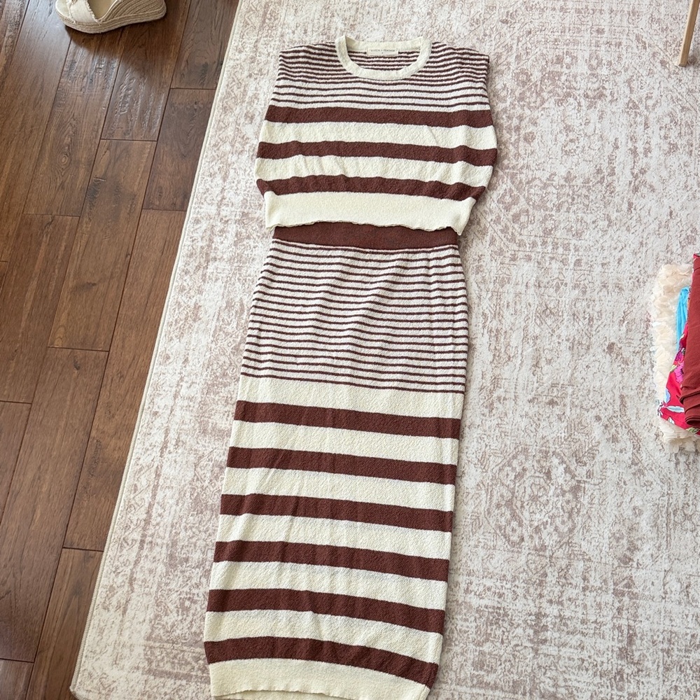 Striped Brown and Cream Knit Skirt & Top Set